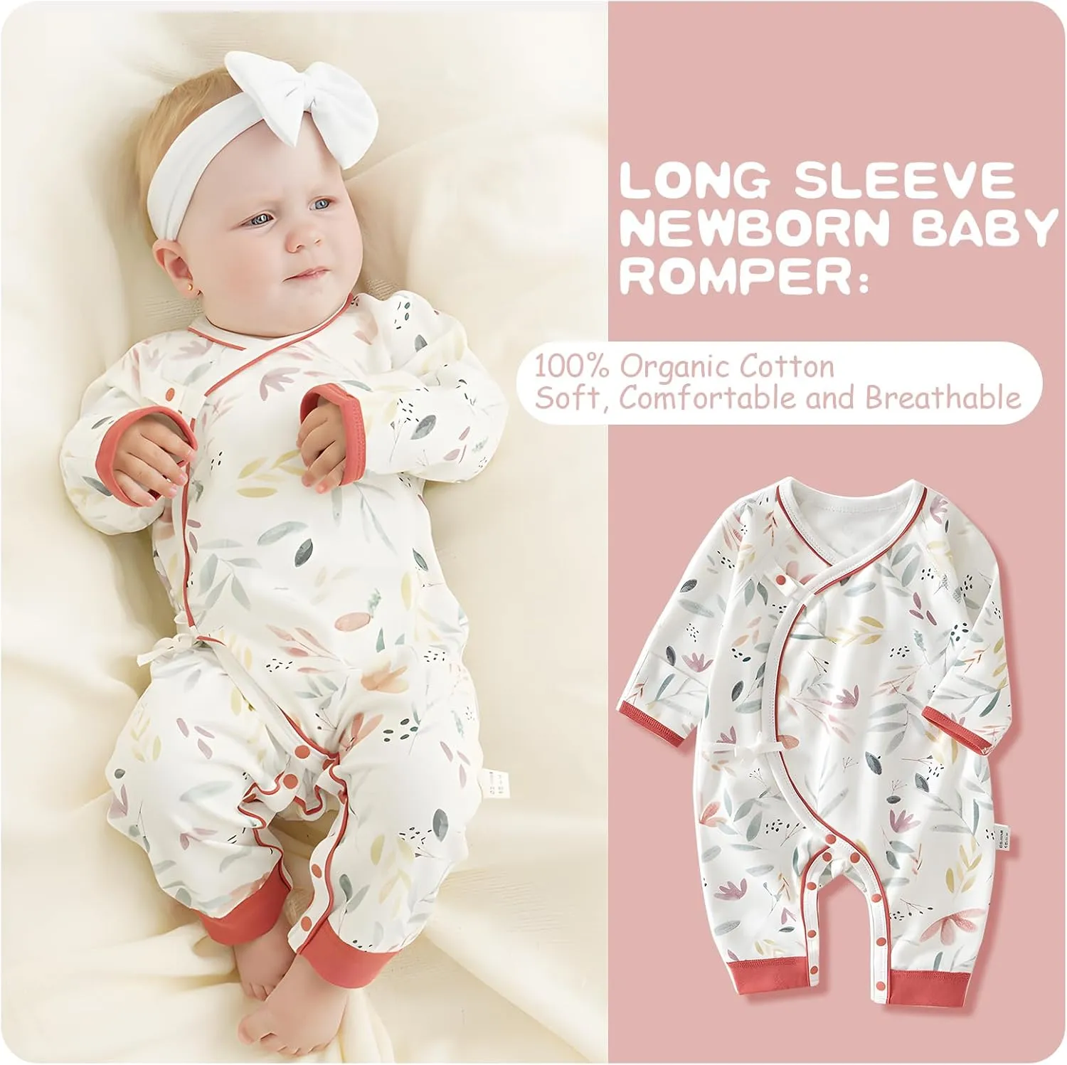 100% Organic Cotton Soft 0-6 Months Newborn Baby Romper Jumpsuits for Boys and Girls Unisex Long Sleeve