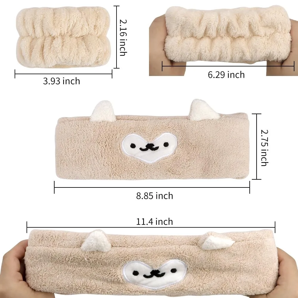 AHONEY Headband and Wristband Set for Face Washing, Cute Makeup Spa Skincare Headbands, 1 Set of 4 Pieces Animal Hair Bands and 2 Pieces Wrist Bands for Women Girls (Khaki&Pink)