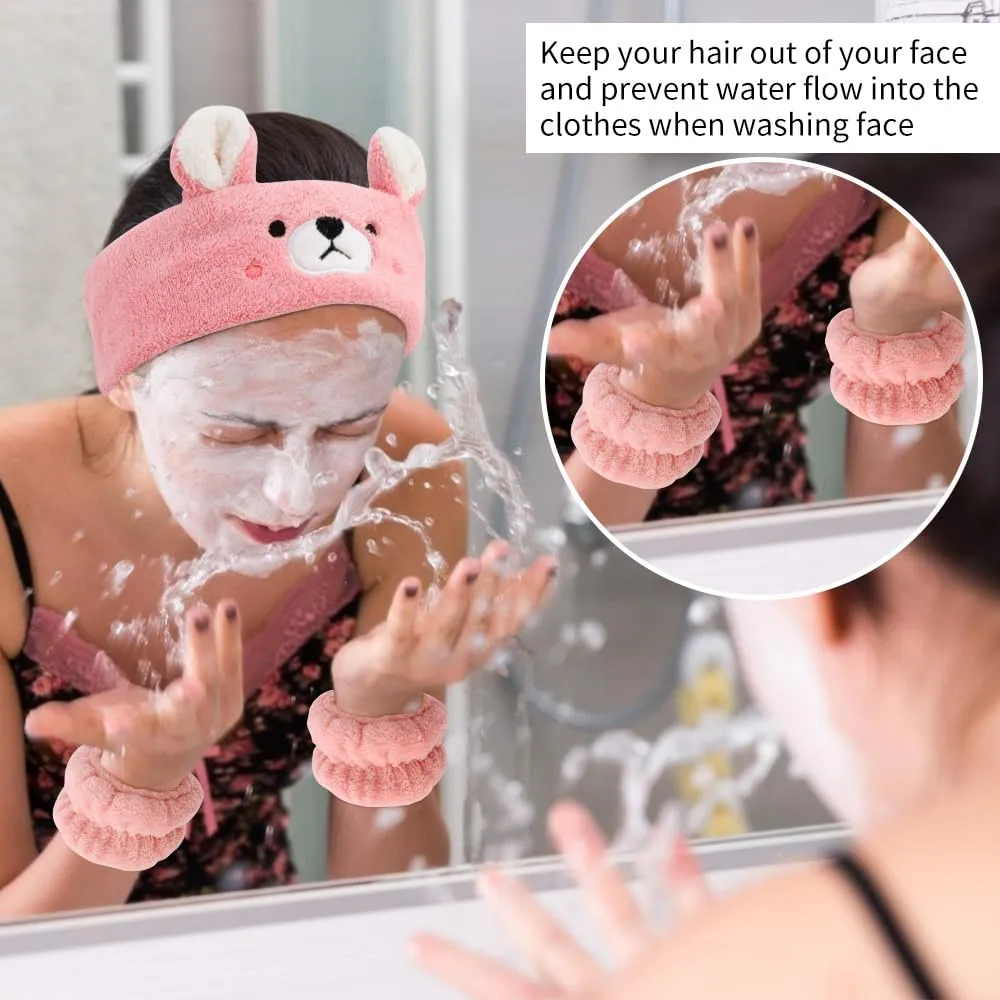 AHONEY Headband and Wristband Set for Face Washing, Cute Makeup Spa Skincare Headbands, 1 Set of 4 Pieces Animal Hair Bands and 2 Pieces Wrist Bands for Women Girls (Khaki&Pink)