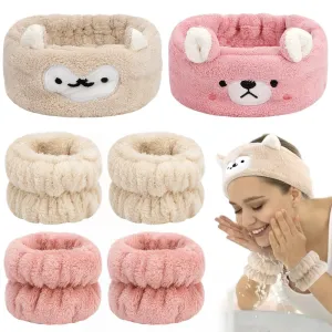 AHONEY Headband and Wristband Set for Face Washing, Cute Makeup Spa Skincare Headbands, 1 Set of 4 Pieces Animal Hair Bands and 2 Pieces Wrist Bands for Women Girls (Khaki&Pink)