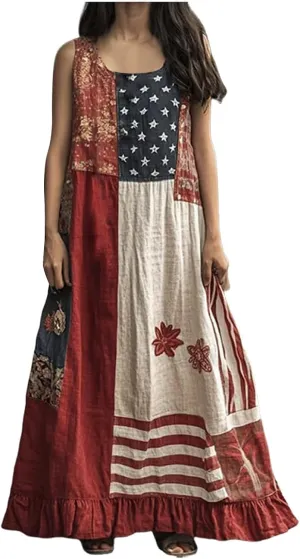American Flag Dress Women Summer 2025 4th of July Patriotic Dresses Boho Floral Sundresses Sleeveless Maxi Outfits