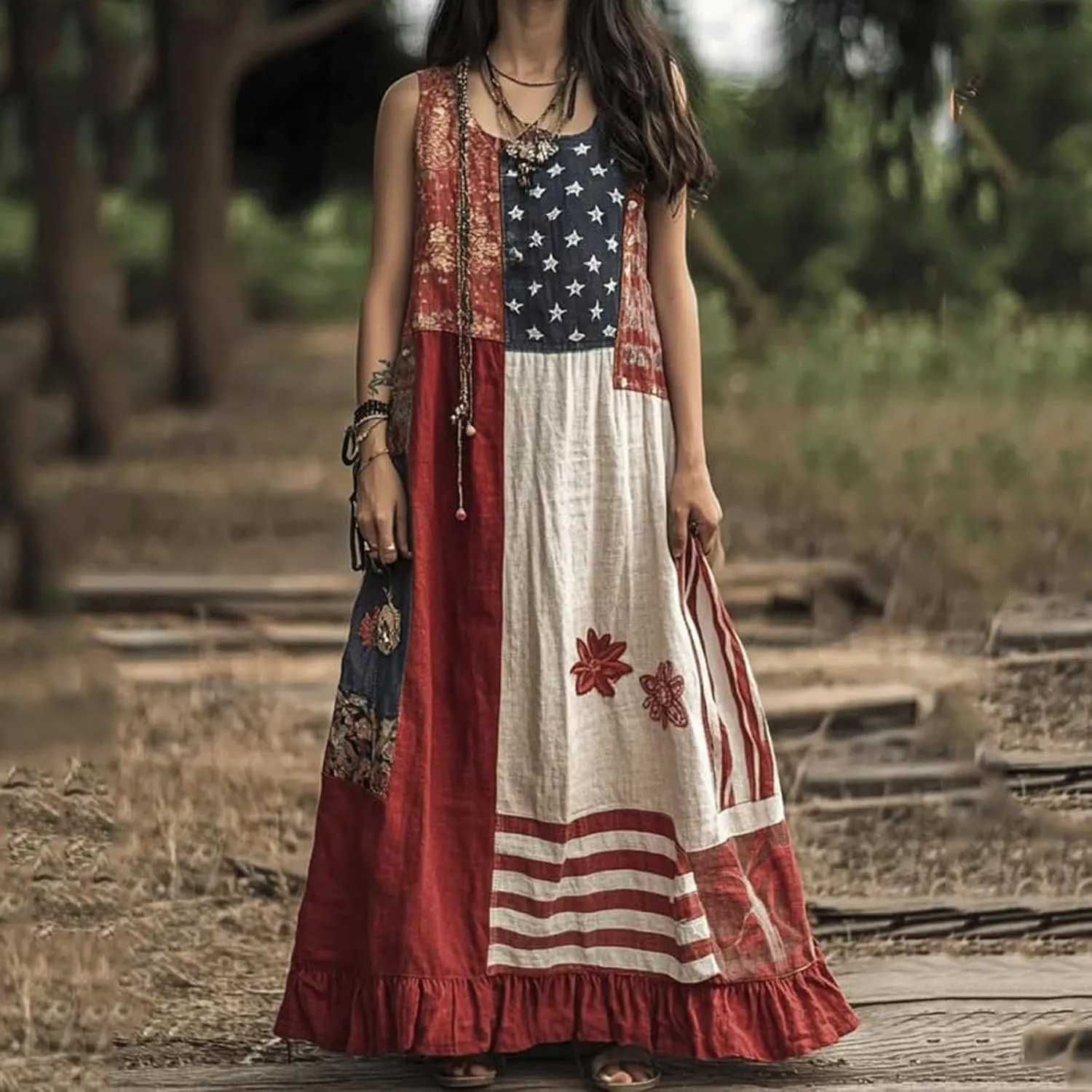 American Flag Dress Women Summer 2025 4th of July Patriotic Dresses Boho Floral Sundresses Sleeveless Maxi Outfits