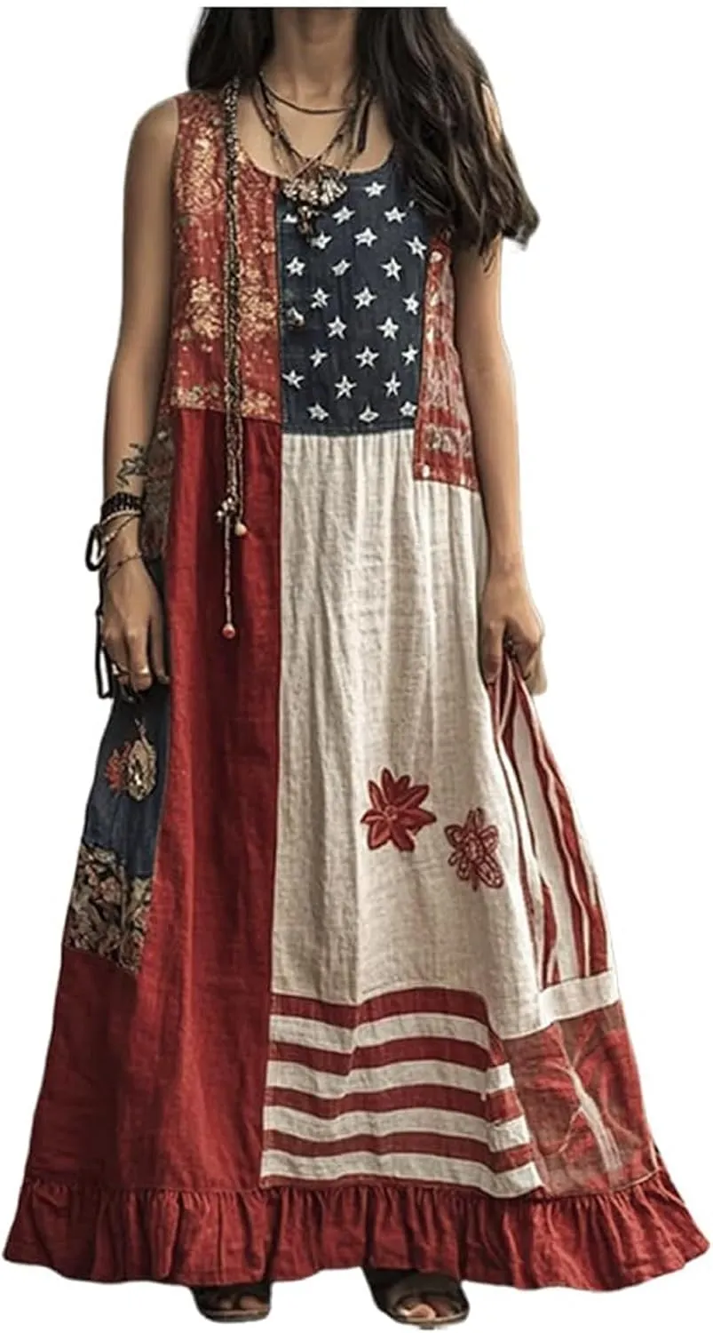 American Flag Dress Women Summer 2025 4th of July Patriotic Dresses Boho Floral Sundresses Sleeveless Maxi Outfits