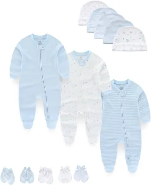 Baby Boy Girls Clothes 2-Way Zip Footed Long Sleeve 100% Cotton,Newborn Caps and Scratch Mittens Set 0-6 Months