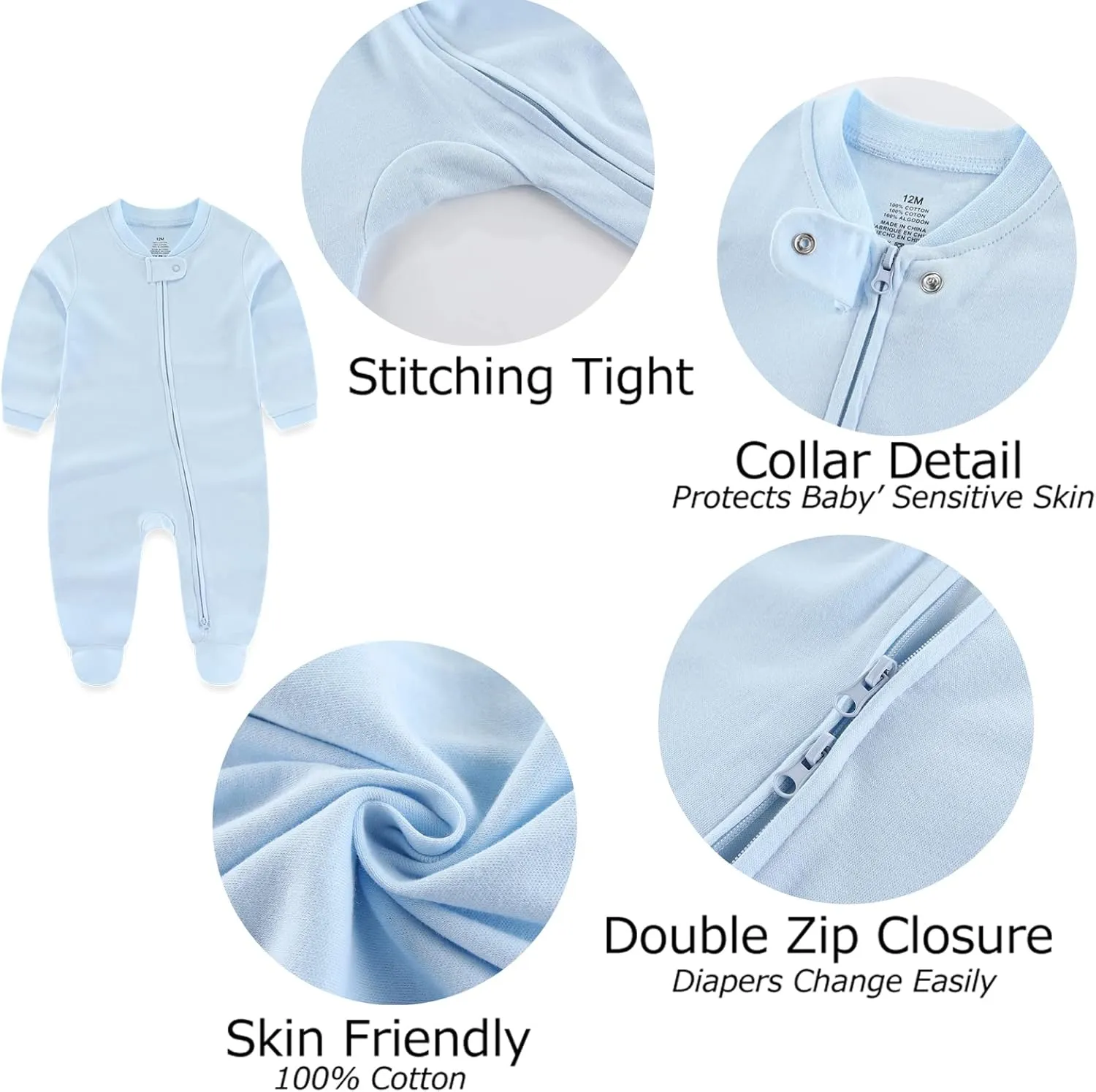 Baby Boy Girls Clothes 2-Way Zip Footed Long Sleeve 100% Cotton,Newborn Caps and Scratch Mittens Set 0-6 Months