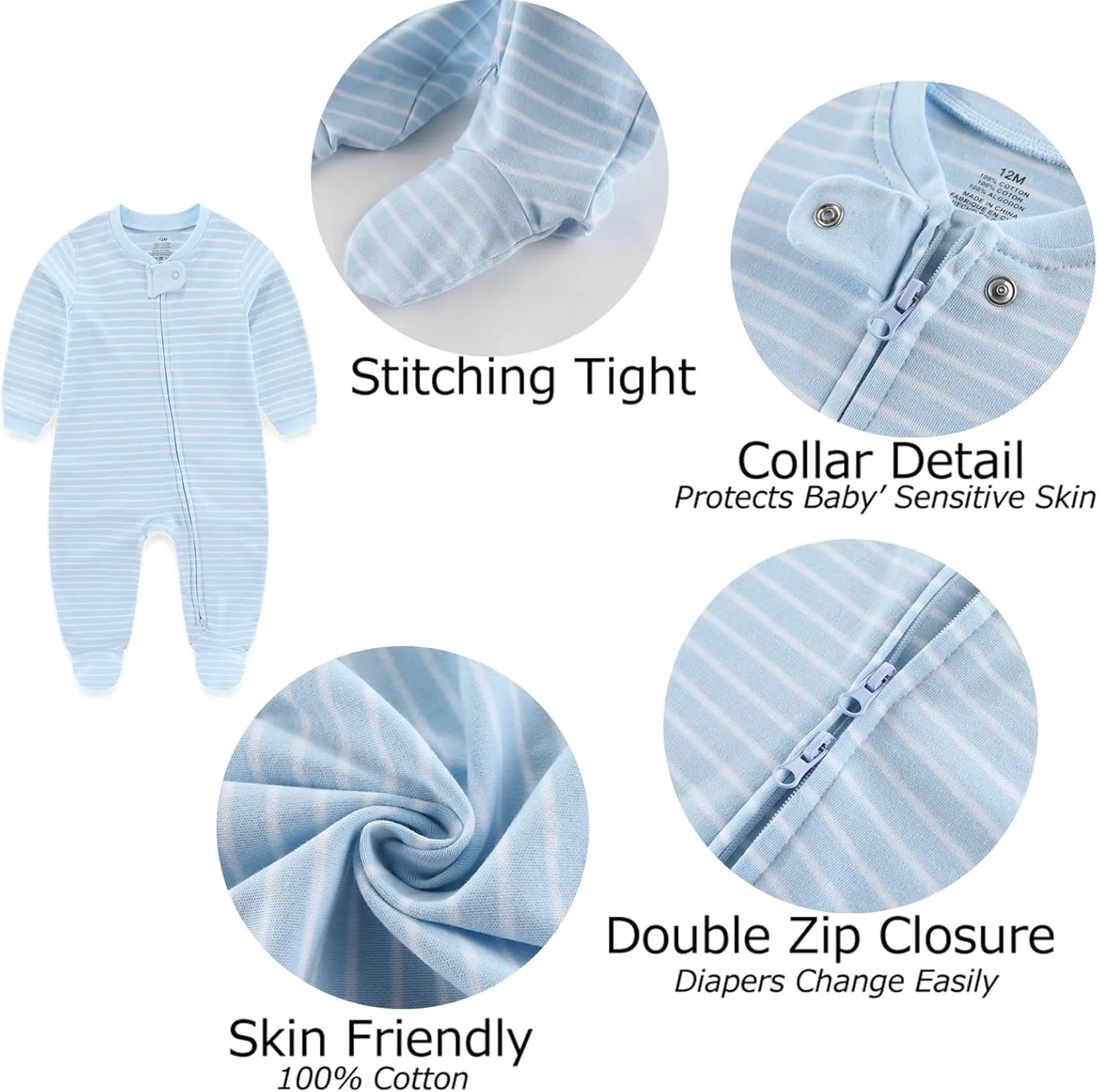 Baby Boy Girls Clothes 2-Way Zip Footed Long Sleeve 100% Cotton,Newborn Caps and Scratch Mittens Set 0-6 Months