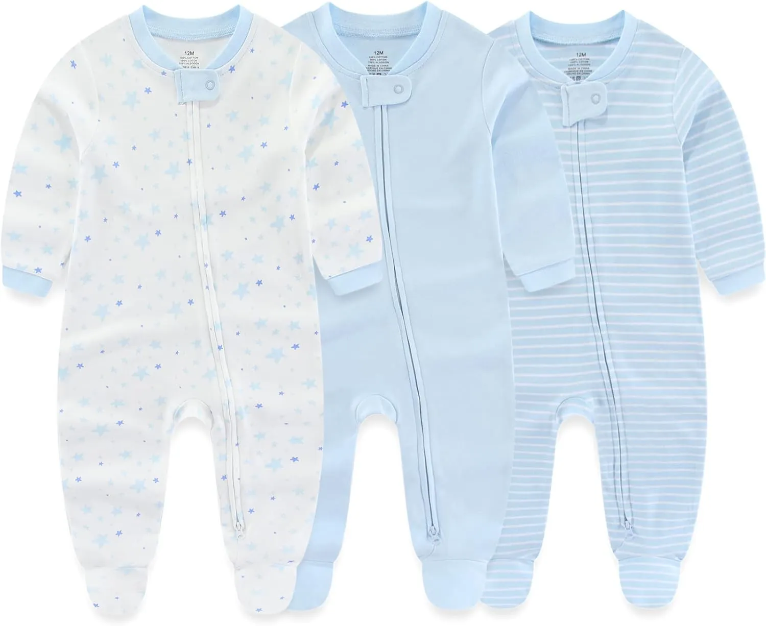 Baby Boy Girls Clothes 2-Way Zip Footed Long Sleeve 100% Cotton,Newborn Caps and Scratch Mittens Set 0-6 Months