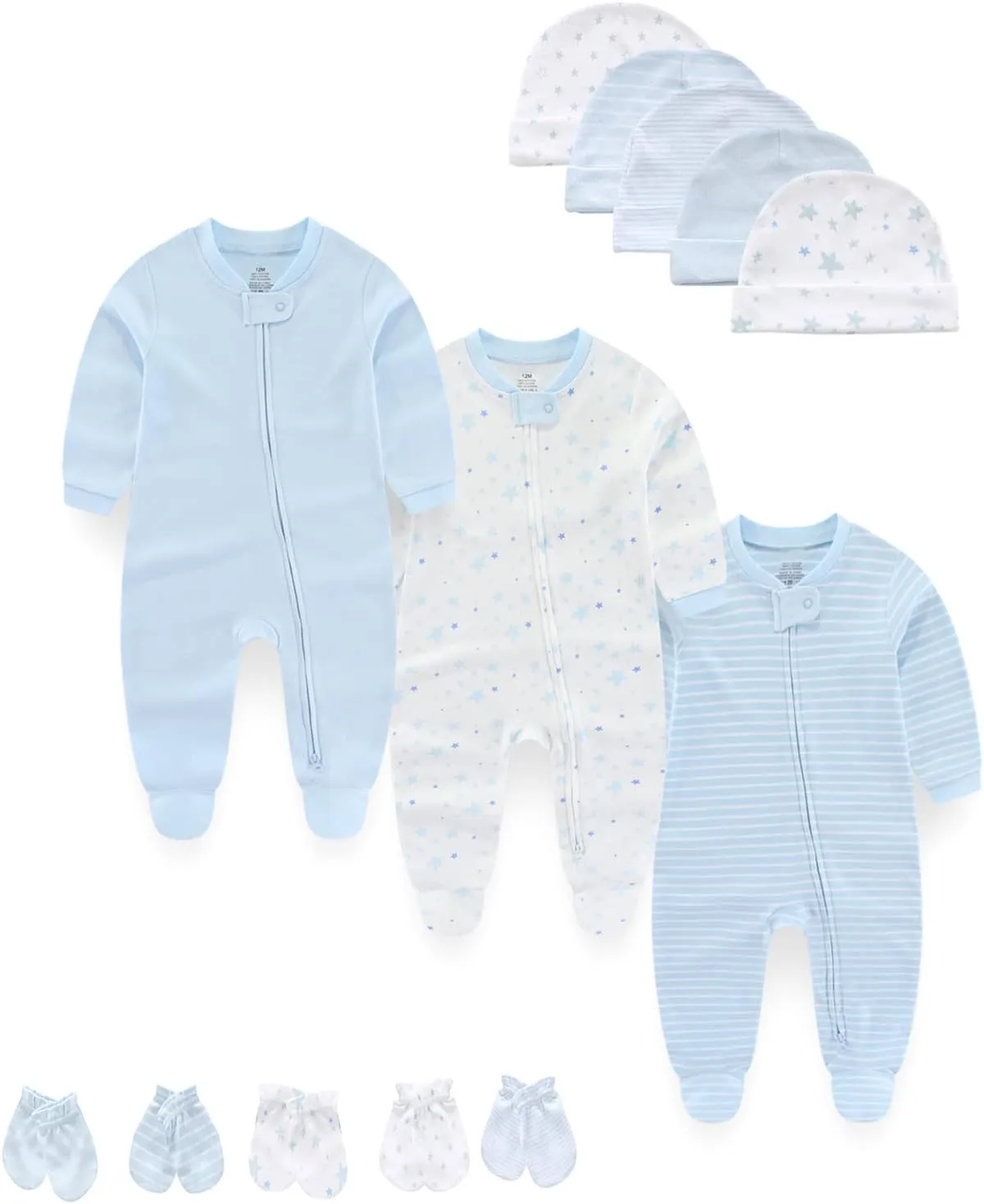 Baby Boy Girls Clothes 2-Way Zip Footed Long Sleeve 100% Cotton,Newborn Caps and Scratch Mittens Set 0-6 Months