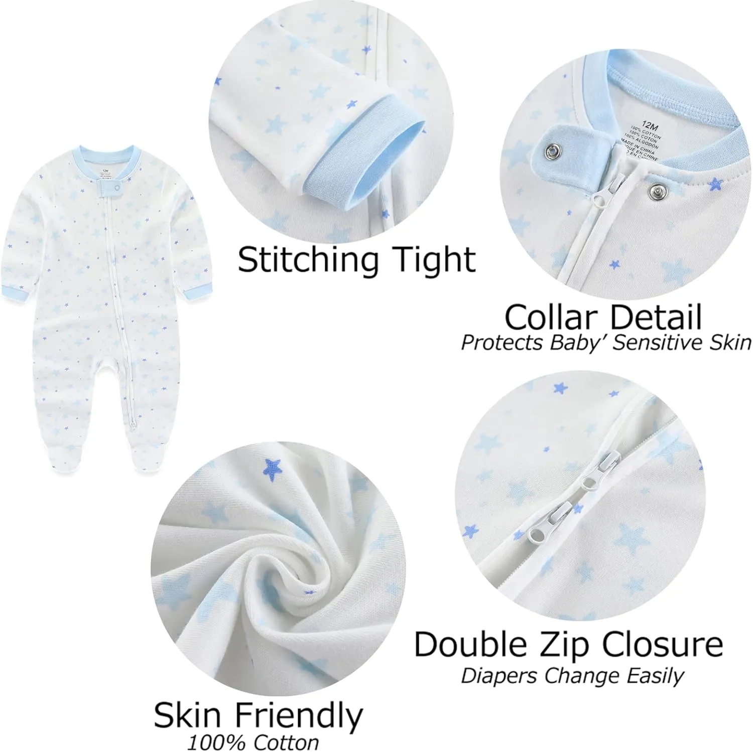 Baby Boy Girls Clothes 2-Way Zip Footed Long Sleeve 100% Cotton,Newborn Caps and Scratch Mittens Set 0-6 Months