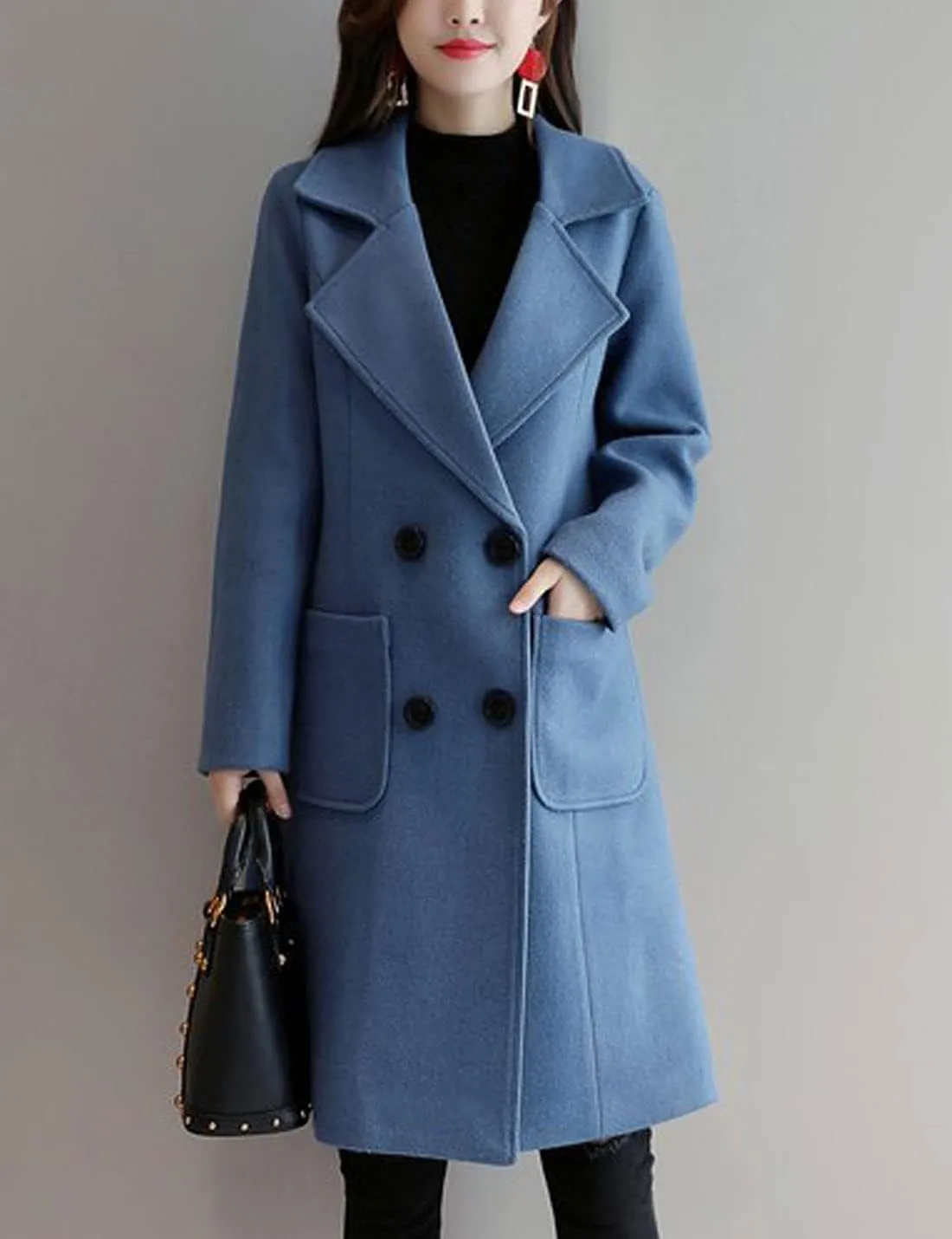 Bankeng Women Winter Wool Blend Camel Mid-Long Coat Notch Double-Breasted Lapel Jacket Outwear