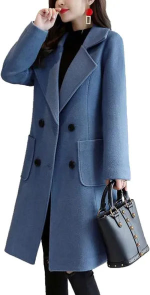 Bankeng Women Winter Wool Blend Camel Mid-Long Coat Notch Double-Breasted Lapel Jacket Outwear