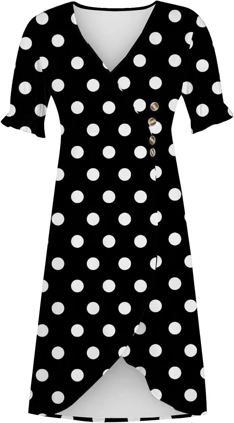 Beach Dresses for Women 2025 Spring Trendy Floral Boho Elegant V Neck Short Sleeve Irregular Hem Midi Dress