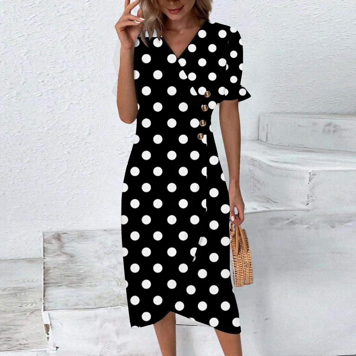Beach Dresses for Women 2025 Spring Trendy Floral Boho Elegant V Neck Short Sleeve Irregular Hem Midi Dress