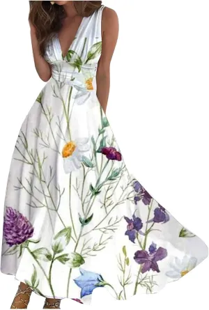 Beach Dresses for Women,Spring Summer Trendy Elegant V Neck Wrap Floral Boho Dress Flowy Ruched Hawaiian Maxi Dress