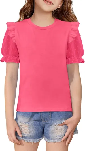 BesserBay Girls Summer Cute Swiss Dot Mesh Short Puff Sleeve T Shirts Layered Ruffle Flutter Crewneck Blouses 6-14 Years
