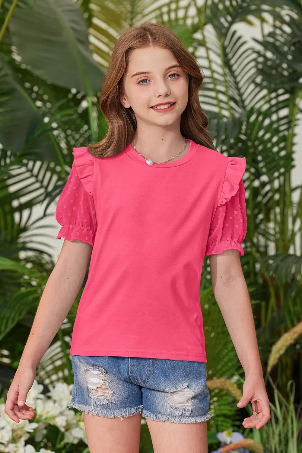 BesserBay Girls Summer Cute Swiss Dot Mesh Short Puff Sleeve T Shirts Layered Ruffle Flutter Crewneck Blouses 6-14 Years
