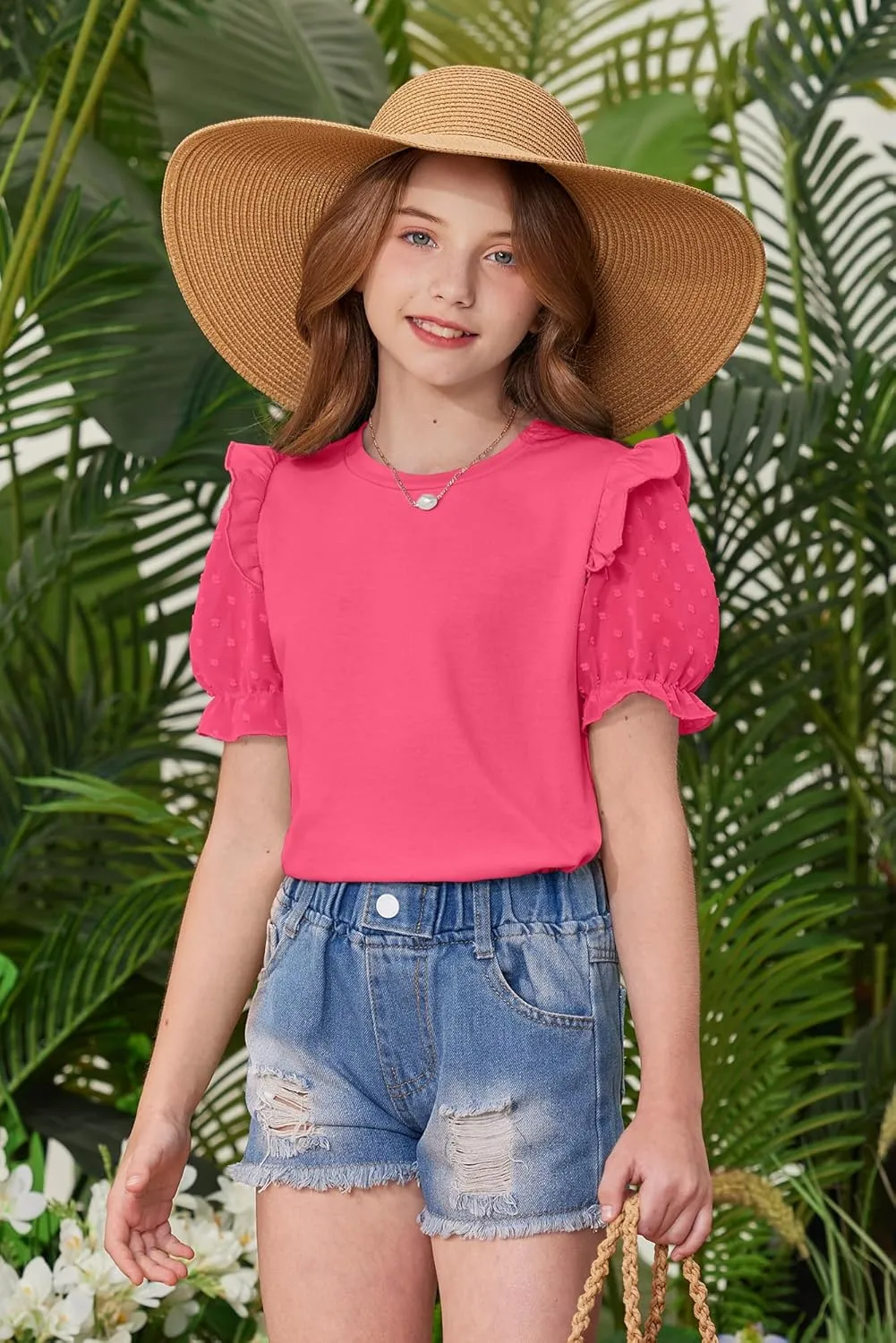 BesserBay Girls Summer Cute Swiss Dot Mesh Short Puff Sleeve T Shirts Layered Ruffle Flutter Crewneck Blouses 6-14 Years