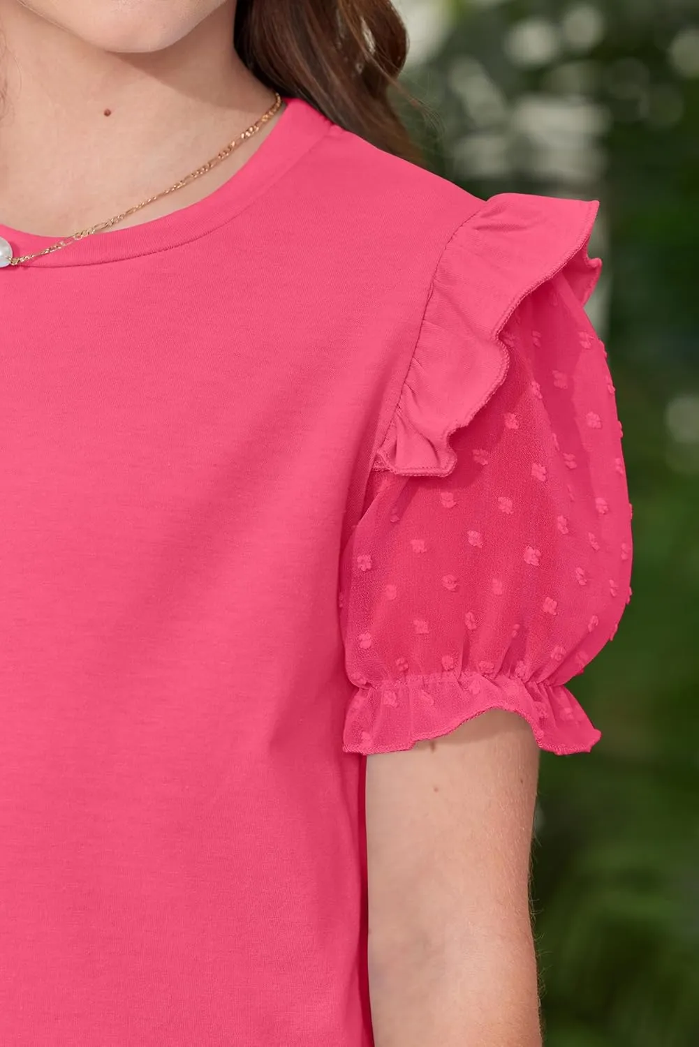 BesserBay Girls Summer Cute Swiss Dot Mesh Short Puff Sleeve T Shirts Layered Ruffle Flutter Crewneck Blouses 6-14 Years