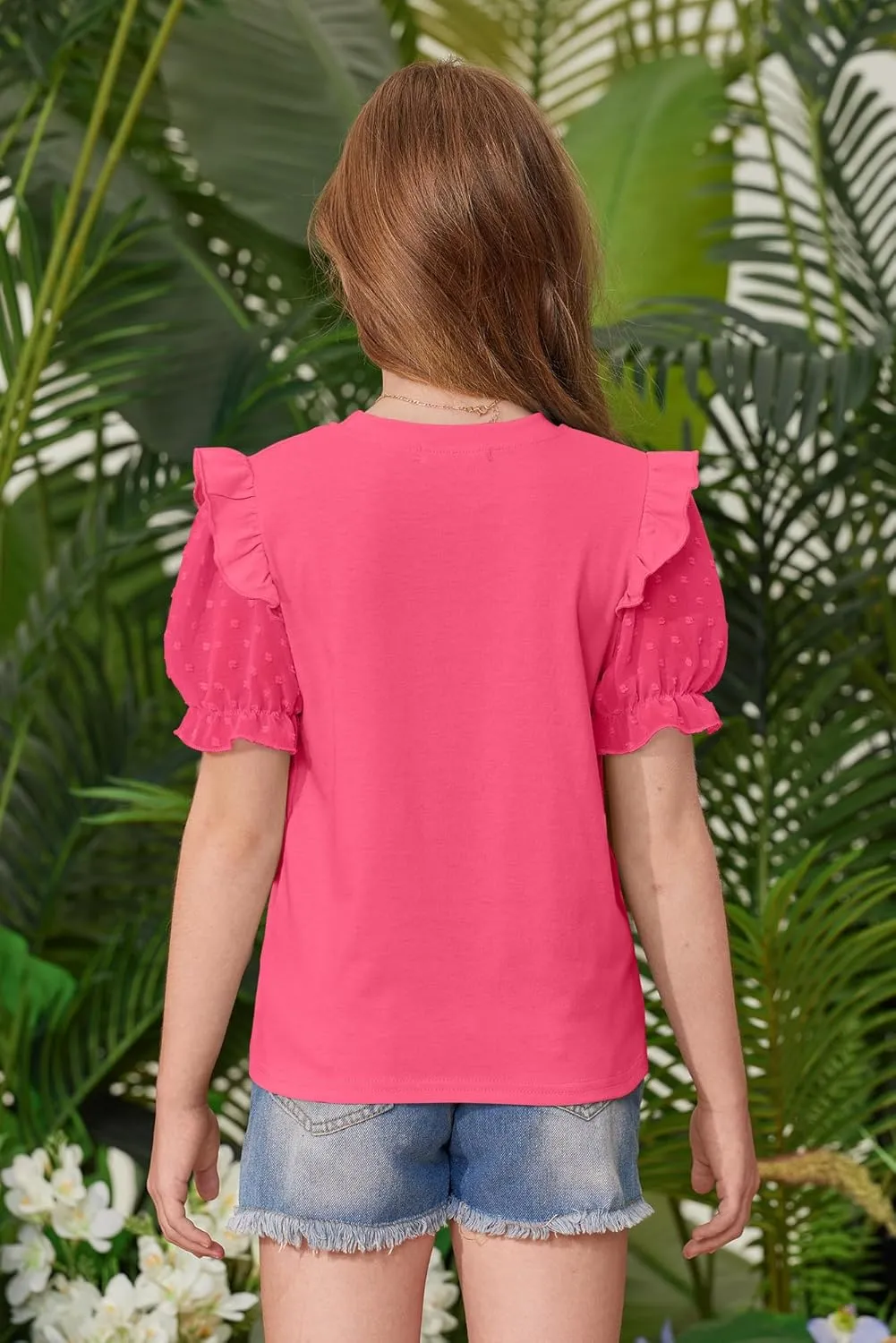 BesserBay Girls Summer Cute Swiss Dot Mesh Short Puff Sleeve T Shirts Layered Ruffle Flutter Crewneck Blouses 6-14 Years
