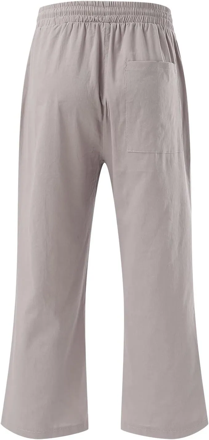 Capris Pants for Women Linen Casual Summer 2025 Wide Leg Loose Elastic Cropped Trouser Lounge Palazzo Pant