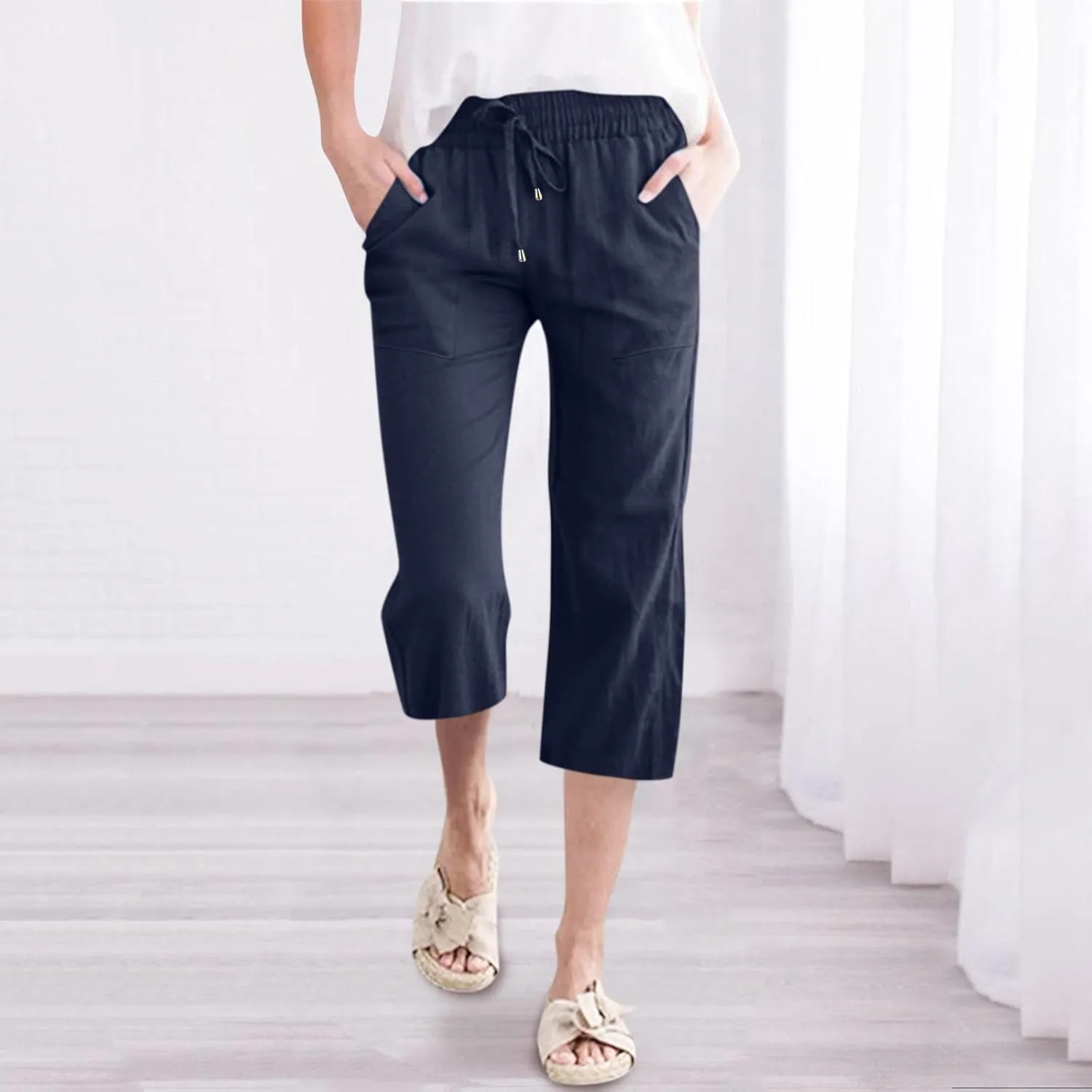 Capris Pants for Women Linen Casual Summer 2025 Wide Leg Loose Elastic Cropped Trouser Lounge Palazzo Pant