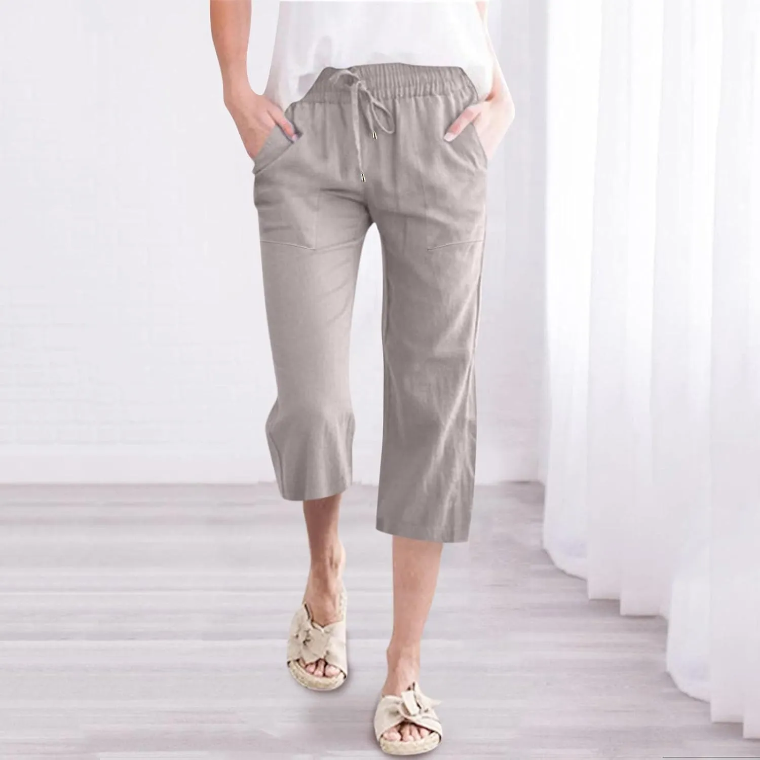 Capris Pants for Women Linen Casual Summer 2025 Wide Leg Loose Elastic Cropped Trouser Lounge Palazzo Pant