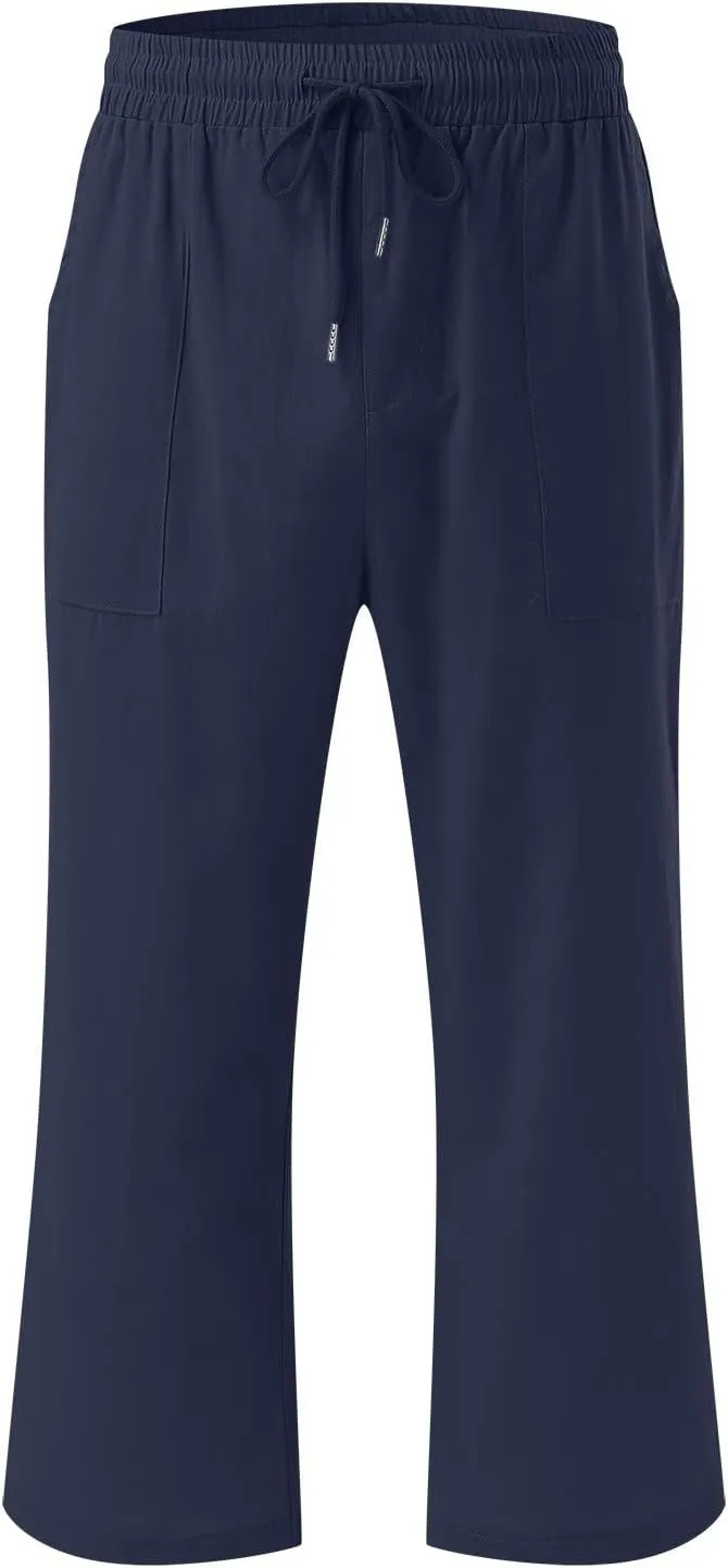 Capris Pants for Women Linen Casual Summer 2025 Wide Leg Loose Elastic Cropped Trouser Lounge Palazzo Pant
