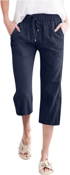 Capris Pants for Women Linen Casual Summer 2025 Wide Leg Loose Elastic Cropped Trouser Lounge Palazzo Pant