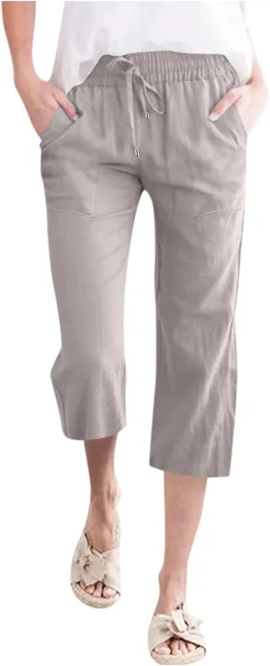 Capris Pants for Women Linen Casual Summer 2025 Wide Leg Loose Elastic Cropped Trouser Lounge Palazzo Pant