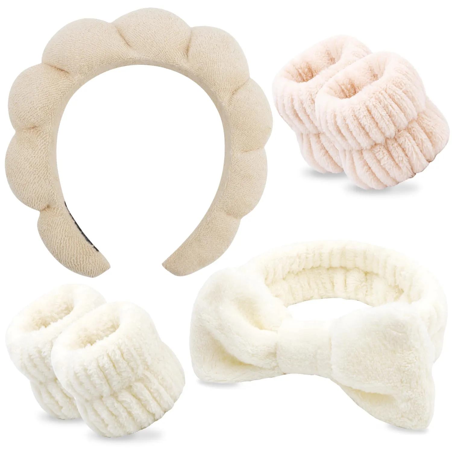 Chanaco Spa Headband, Khaki, Beige - Soft & Comfortable Microfiber Facial Headband for Women, Washing Face, Makeup, Skincare, Yoga, Shower, Party, Sleepover & Gifts - Set of 1 Headband & 4 Wristbands