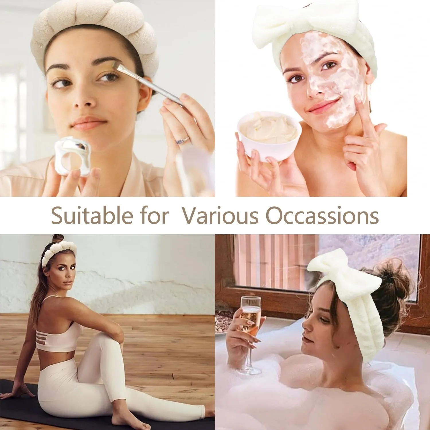 Chanaco Spa Headband, Khaki, Beige - Soft & Comfortable Microfiber Facial Headband for Women, Washing Face, Makeup, Skincare, Yoga, Shower, Party, Sleepover & Gifts - Set of 1 Headband & 4 Wristbands