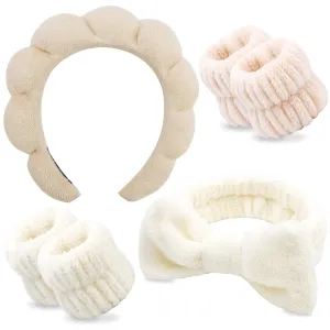 Chanaco Spa Headband, Khaki, Beige - Soft & Comfortable Microfiber Facial Headband for Women, Washing Face, Makeup, Skincare, Yoga, Shower, Party, Sleepover & Gifts - Set of 1 Headband & 4 Wristbands