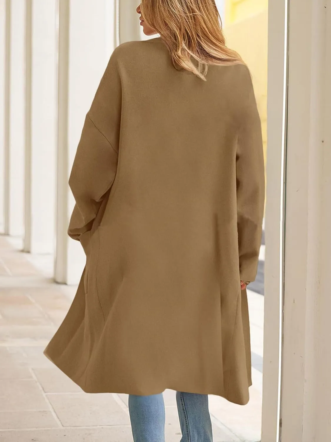 chouyatou Women's Lightweight Wool Coat Open Front Casual Wool Coatigan Coats with Pockets
