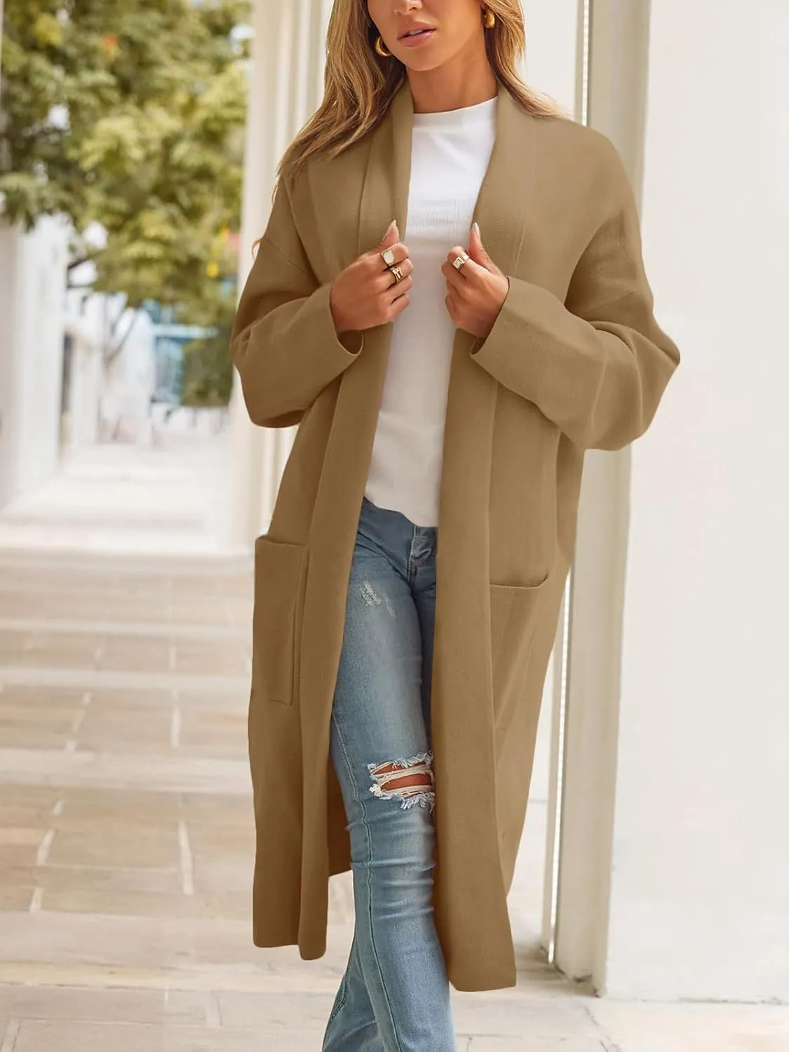 chouyatou Women's Lightweight Wool Coat Open Front Casual Wool Coatigan Coats with Pockets