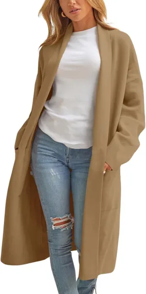 chouyatou Women's Lightweight Wool Coat Open Front Casual Wool Coatigan Coats with Pockets