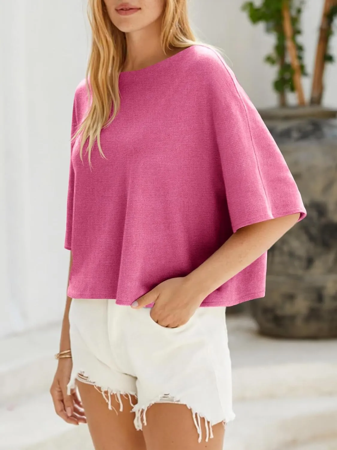 Cicy Bell Womens Half Sleeve Sweaters Oversized Boat Neck Knitted Pullover Sweater Trendy Casual Loose Fit Fall Tops