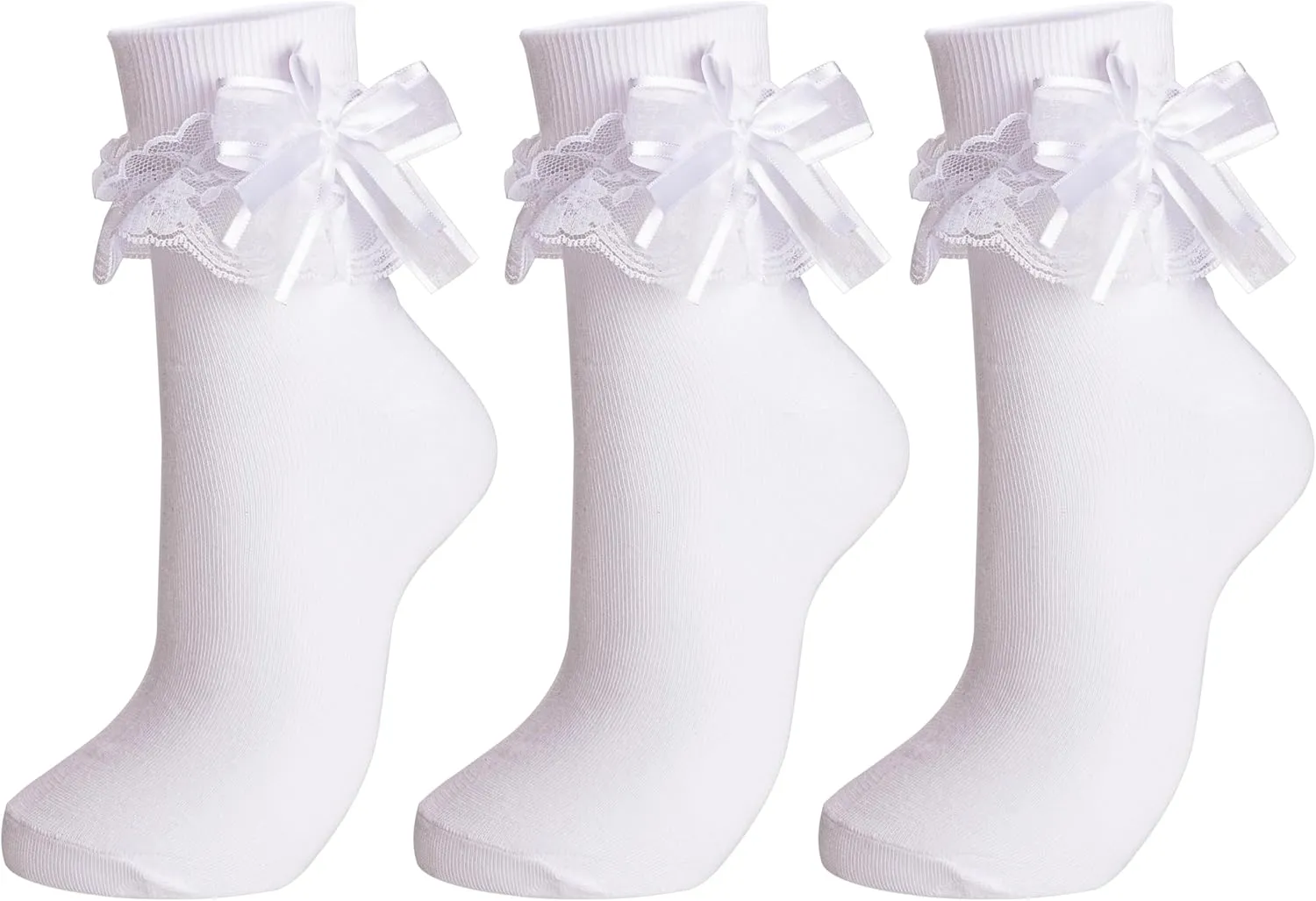 Dicry Women Big Ruffle Socks Double Lace Turn Cuff (Size 9-11, 3 Pairs)