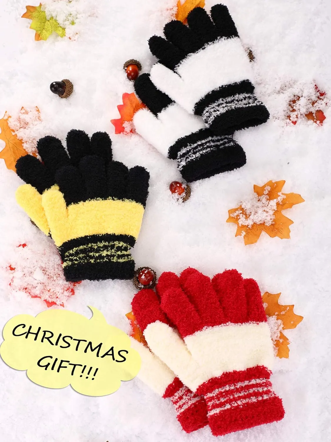 EBOOT 3 Pairs Kids Winter Knit Gloves Stretchy Full Finger Fluffy Mittens for Toddler Boys Girls 1-11 Years