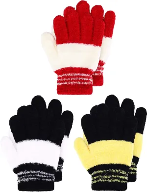 EBOOT 3 Pairs Kids Winter Knit Gloves Stretchy Full Finger Fluffy Mittens for Toddler Boys Girls 1-11 Years