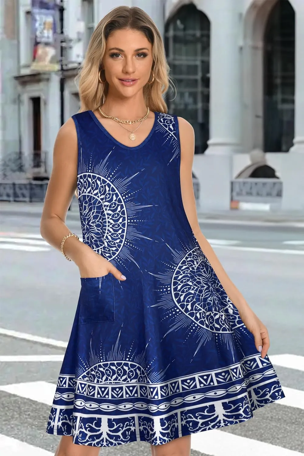 elescat Womens Summer Dresses Casual V Neck Sleeveless Pockets Beach Loose Tank Sundress