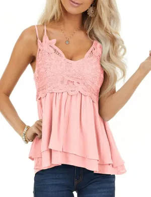 Feager Lace Tank Tops for Women Summer Spaghetti Strap Babydoll Tops Chiffon Cami Sleeveless Shirts