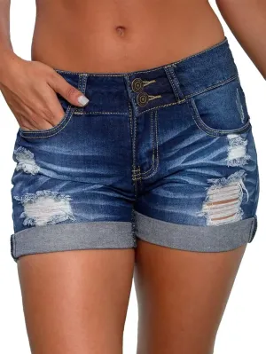 Flamingals Women' Distressed Cuff Hem Denim Mini Shorts Low Waist Casual Shorts