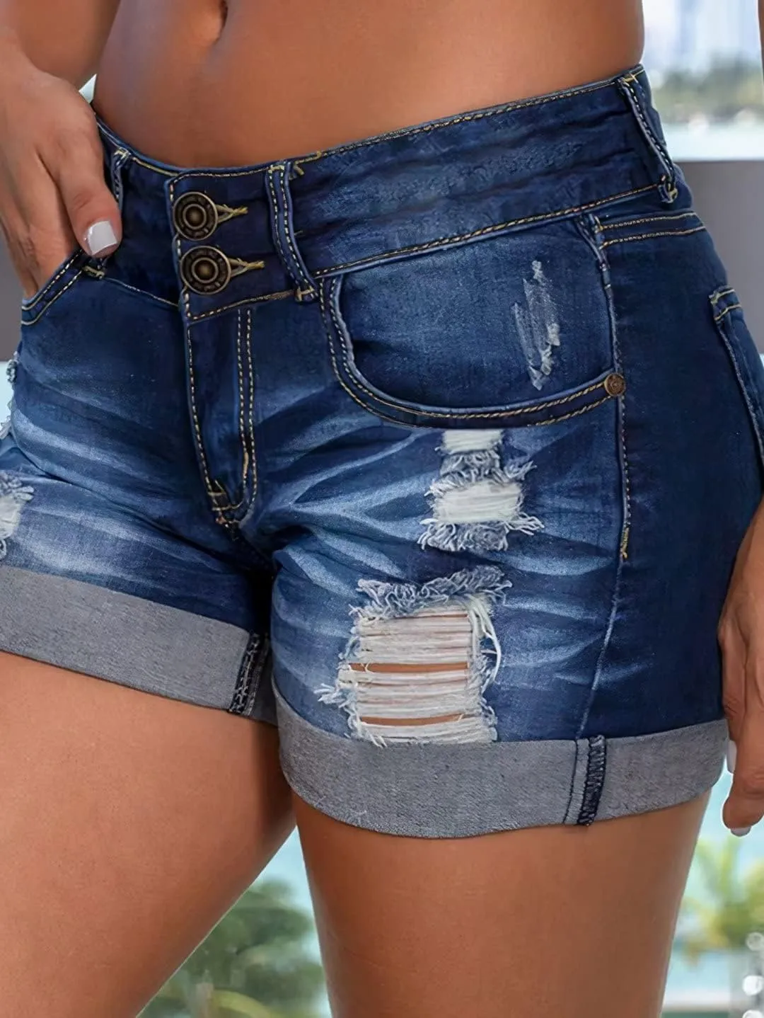 Flamingals Women' Distressed Cuff Hem Denim Mini Shorts Low Waist Casual Shorts