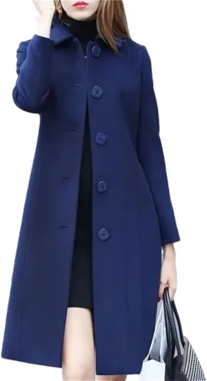 Hdhdeueh Women's Mid-Length Trench Coat Cotton Thickened Slim Long Sleeve Solid Color Pea Coat