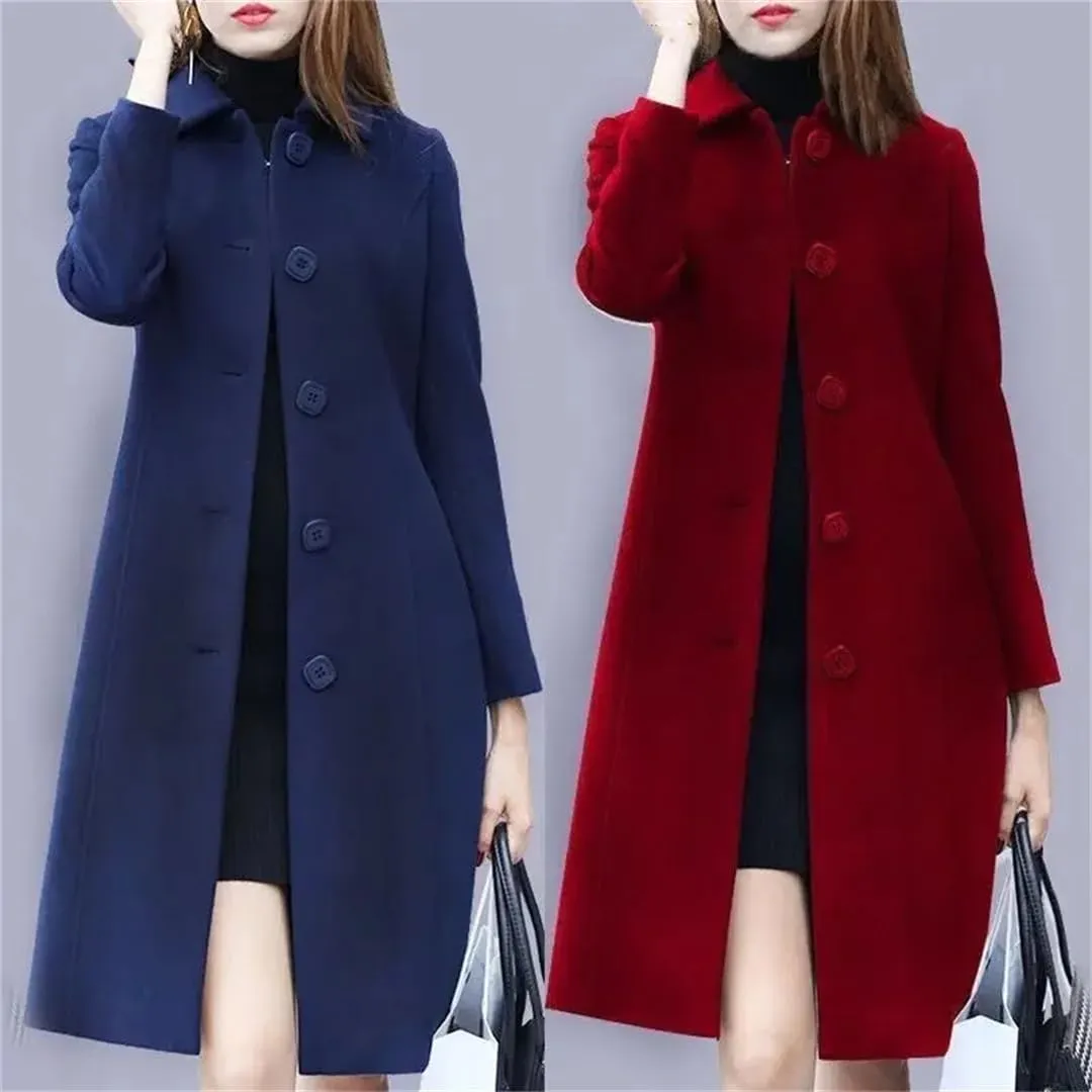 Hdhdeueh Women's Mid-Length Trench Coat Cotton Thickened Slim Long Sleeve Solid Color Pea Coat