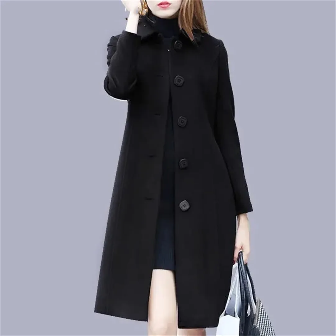 Hdhdeueh Women's Mid-Length Trench Coat Cotton Thickened Slim Long Sleeve Solid Color Pea Coat