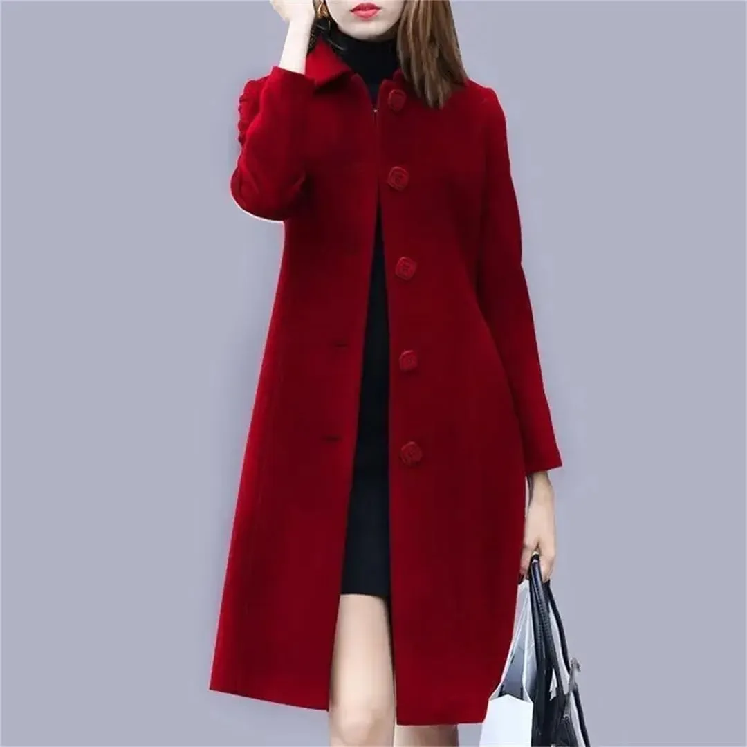 Hdhdeueh Women's Mid-Length Trench Coat Cotton Thickened Slim Long Sleeve Solid Color Pea Coat