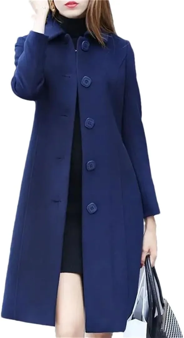 Hdhdeueh Women's Mid-Length Trench Coat Cotton Thickened Slim Long Sleeve Solid Color Pea Coat