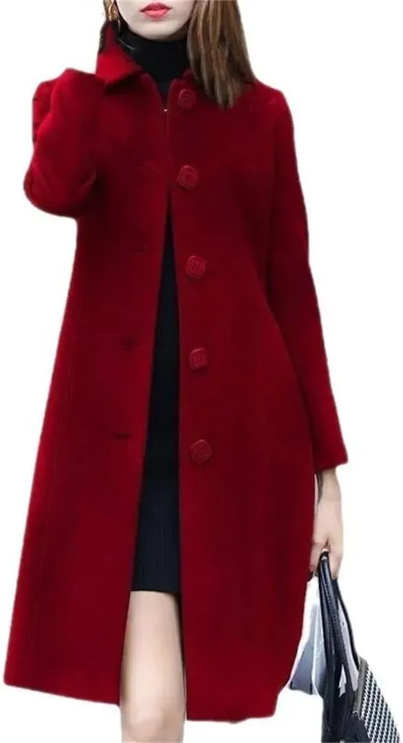 Hdhdeueh Women's Mid-Length Trench Coat Cotton Thickened Slim Long Sleeve Solid Color Pea Coat
