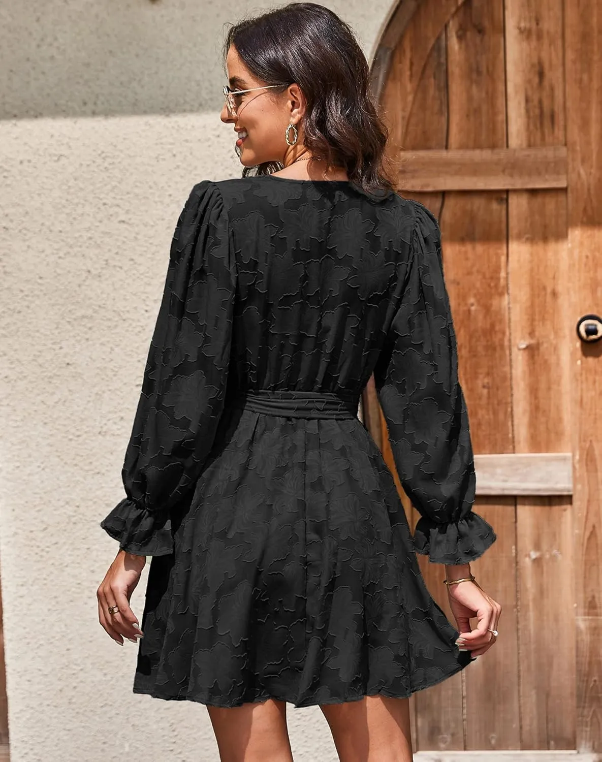II ININ Women's Wedding Guest Dresses Long Sleeve Cocktail Dress Wrap V Neck Lace Tie Waist Mini Party Dress